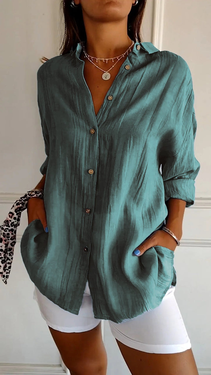 Versatile women's long sleeve button-down shirt; wear as a casual top, blouse, or beach cover-up.