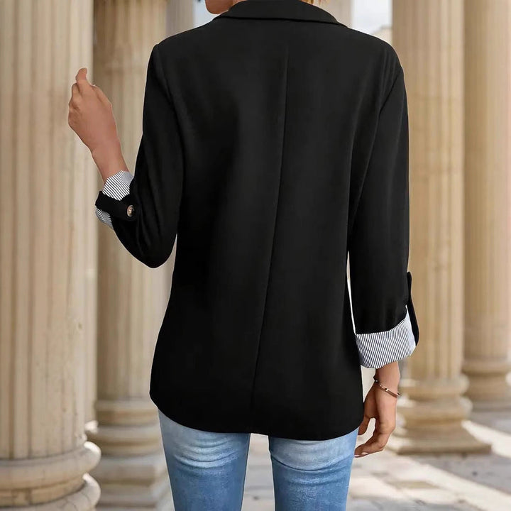 Fashionable women's open front blazer with roll sleeves & striped cuffs. A versatile smart casual office jacket.