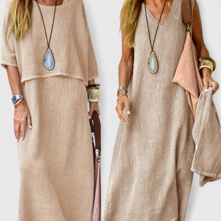 Women's versatile two-piece maxi dress set with short sleeve top, ideal for casual chic spring/summer fashion.