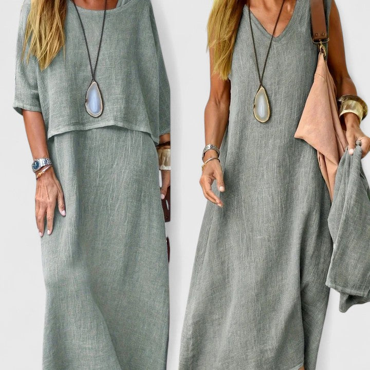 Casual chic women's two-piece set, featuring a short sleeve top & elegant maxi dress for versatile style.