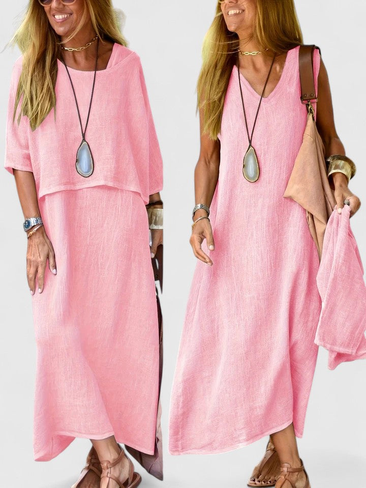 Summer fashion: Women's versatile two-piece maxi dress set with a comfy short sleeve top. Perfect outfit.