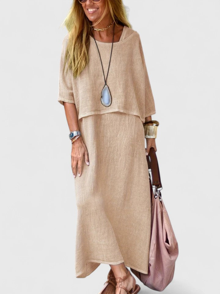 Women's spring fashion: A versatile two-piece maxi dress set with a flattering short sleeve top for everyday.