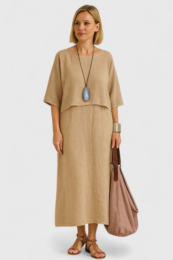 Everyday wear women's two-piece outfit. Short sleeve top and versatile maxi dress for casual elegance.