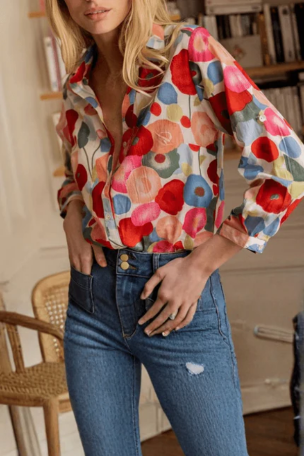 Relaxed fit women's vibrant floral button blouse. Stylish long sleeve top for summer outfits & casual or office wear.