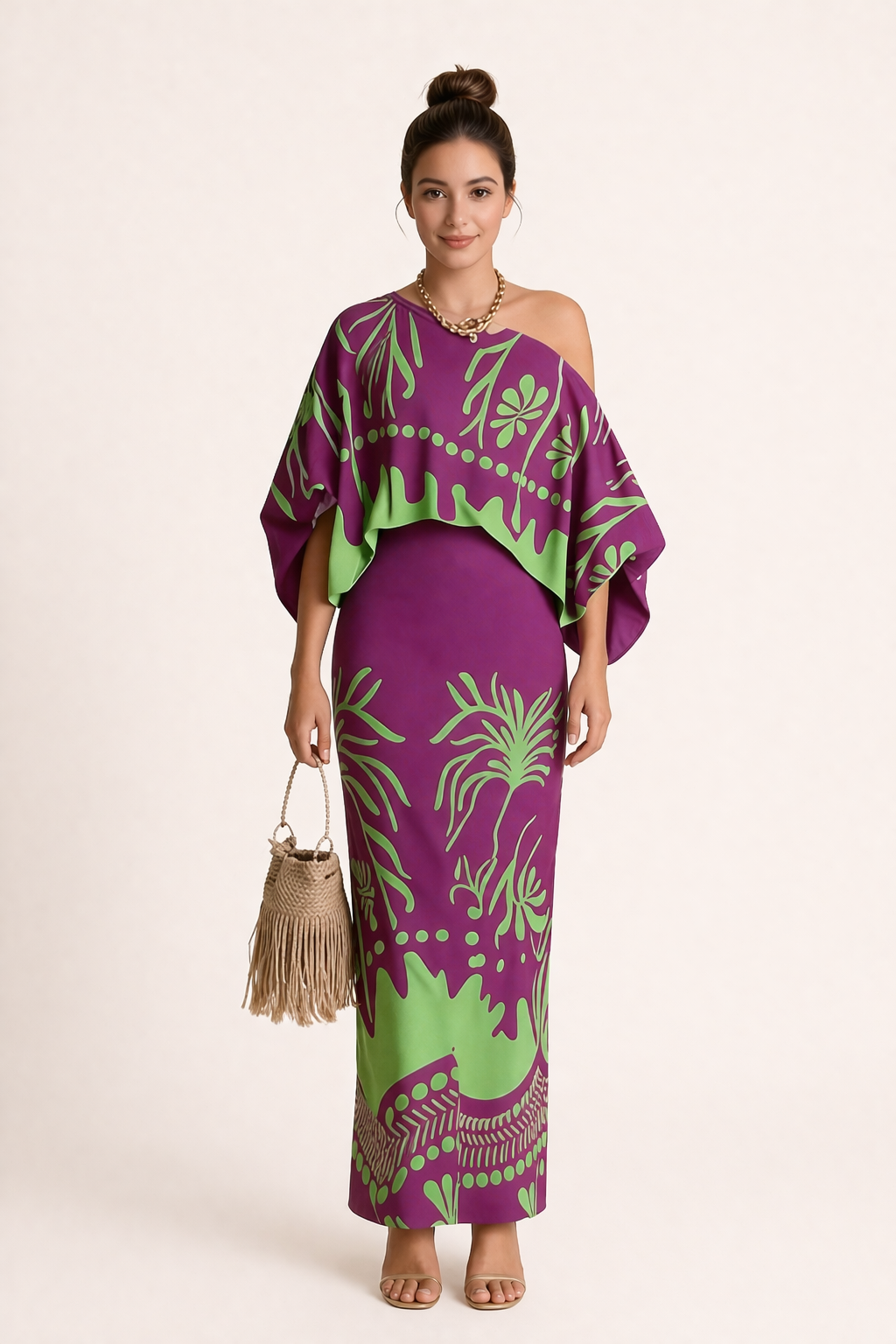 Women's vibrant printed blouse and flowy maxi skirt two-piece set, perfect for summer vacation fashion.