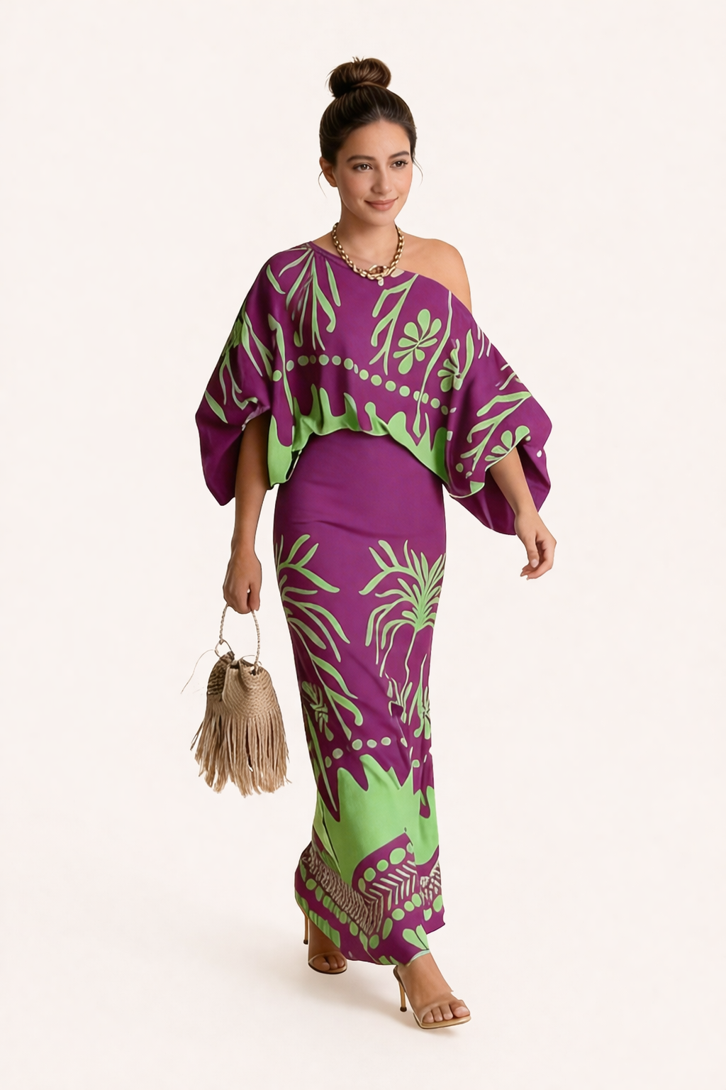 Stylish women's coordinated two-piece set featuring a printed blouse and matching flowy maxi skirt for summer.