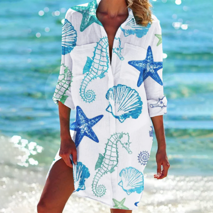 Loose fit women's summer shirt, colorful print, with pockets. Perfect casual top for resort wear & beach outfits.