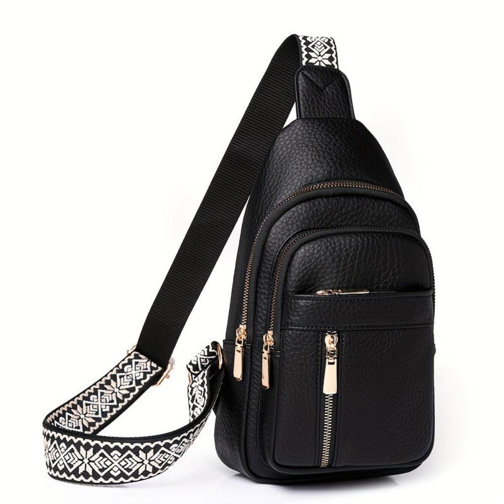 Practical black leather chest bag, women's vintage crossbody perfect for city adventures.