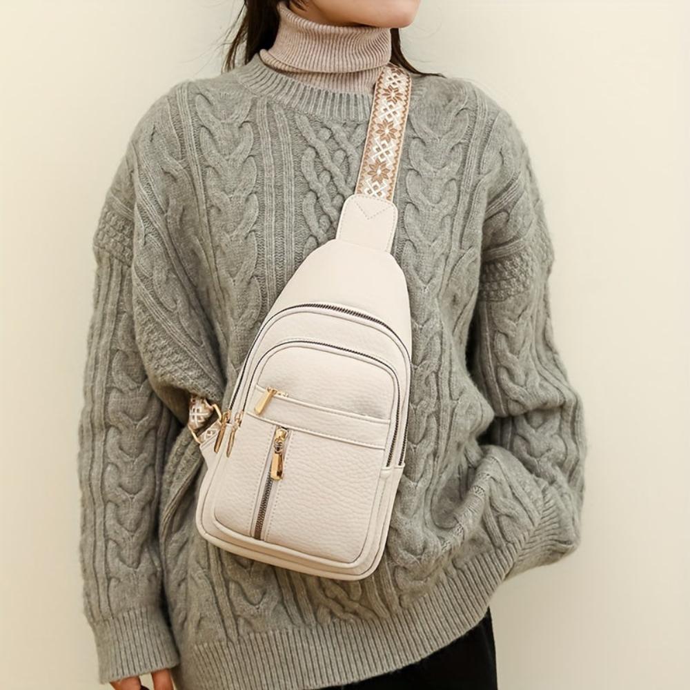 Khaki women's leather chest bag, versatile vintage crossbody perfect for daily errands.