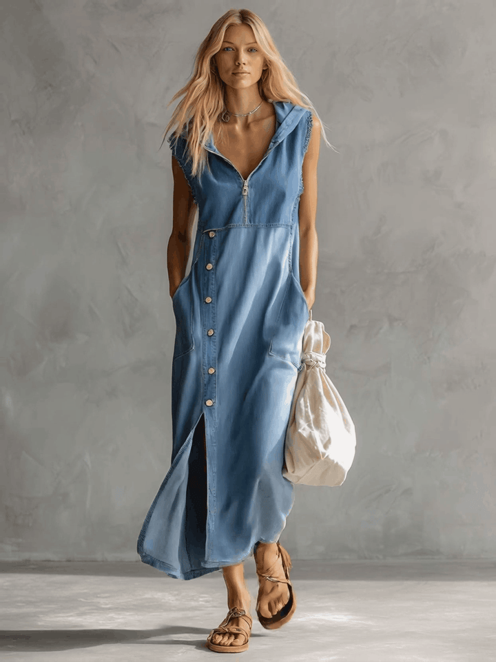 Vintage style women's blue hooded midi dress. Features button details, V-neck, side slits, and comfortable fabric.