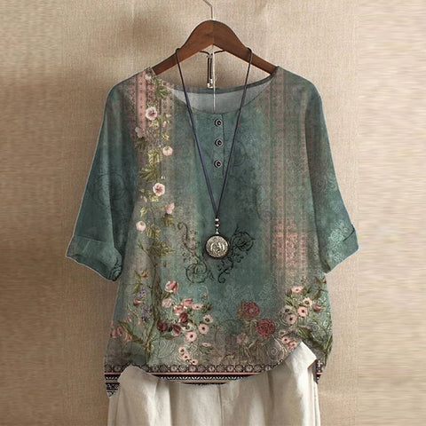 Women's vintage floral loose blouse with long sleeves, perfect for casual spring & summer style.