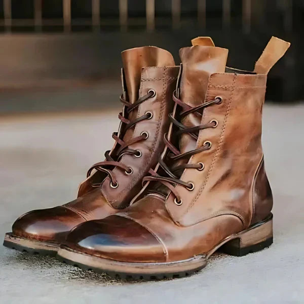Women's vintage lace-up combat boots, durable and stylish for fall/winter fashion. Rugged ankle footwear.