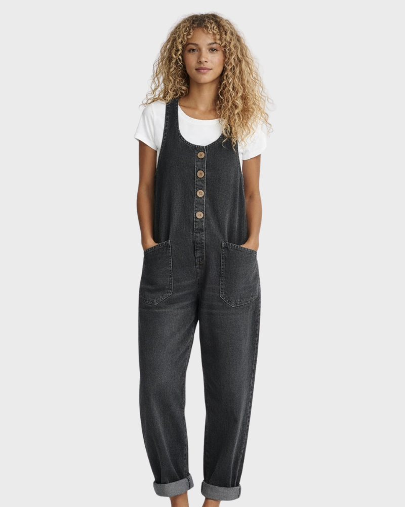 Bohemian style women's wide-leg denim overall. Loose fit vintage jumpsuit with comfortable adjustable straps.