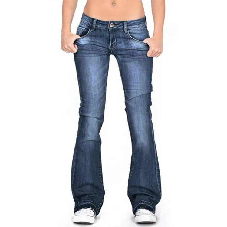 Women's bell bottom jeans, low-rise and flared, delivering an authentic vintage look.