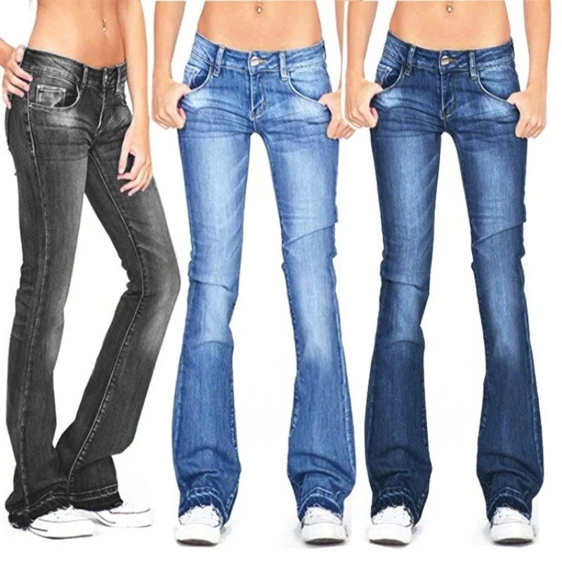 Unique flattering fit women's vintage low-rise flared jeans, perfect for retro enthusiasts.
