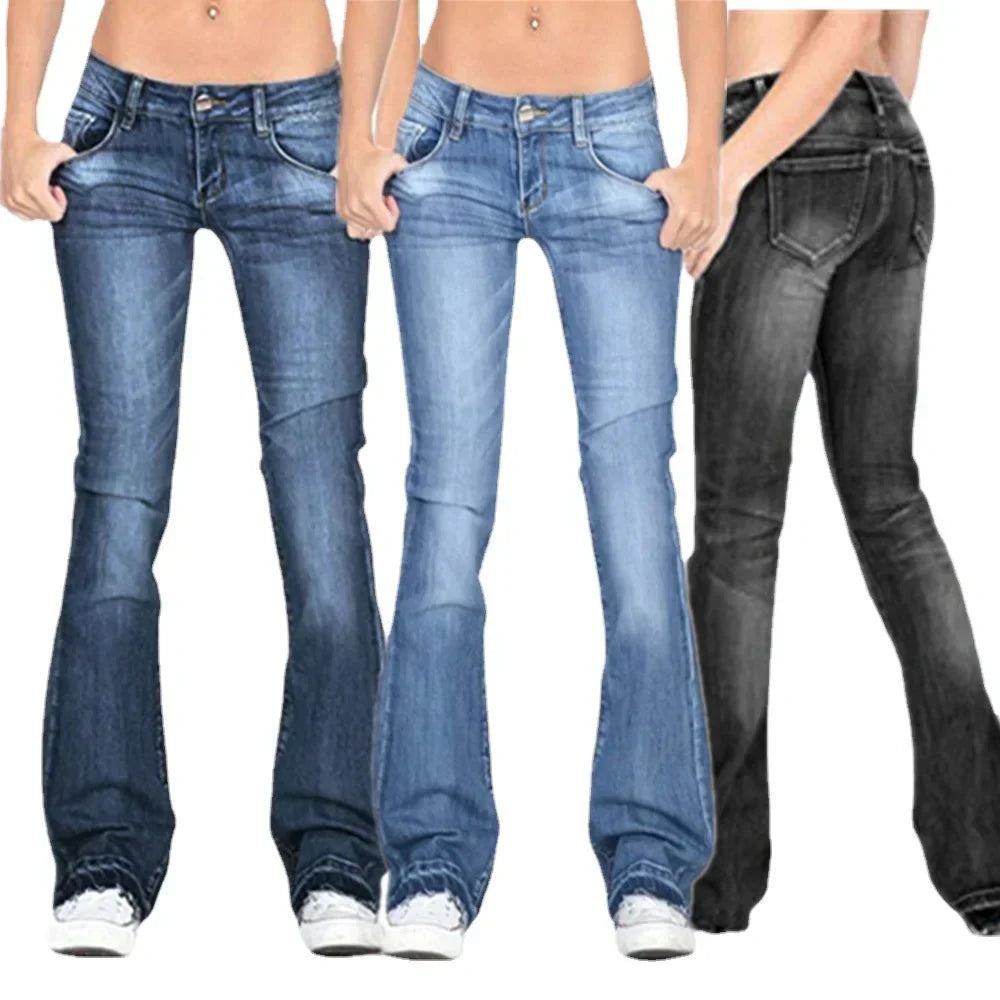Trendy women's low-rise flared jeans, vintage-inspired for a casual yet fashionable appeal.