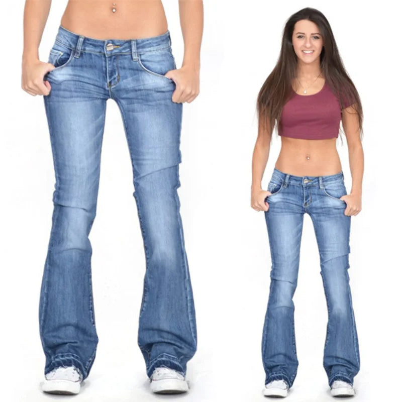 Back view of women's low-rise flared jeans, featuring bell bottom style and vintage wash.