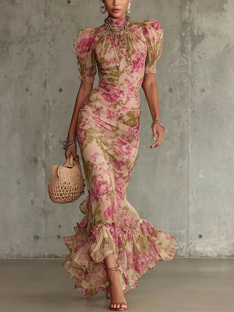Women's vintage rose print maxi dress with elegant puff sleeves. Perfect for summer events.