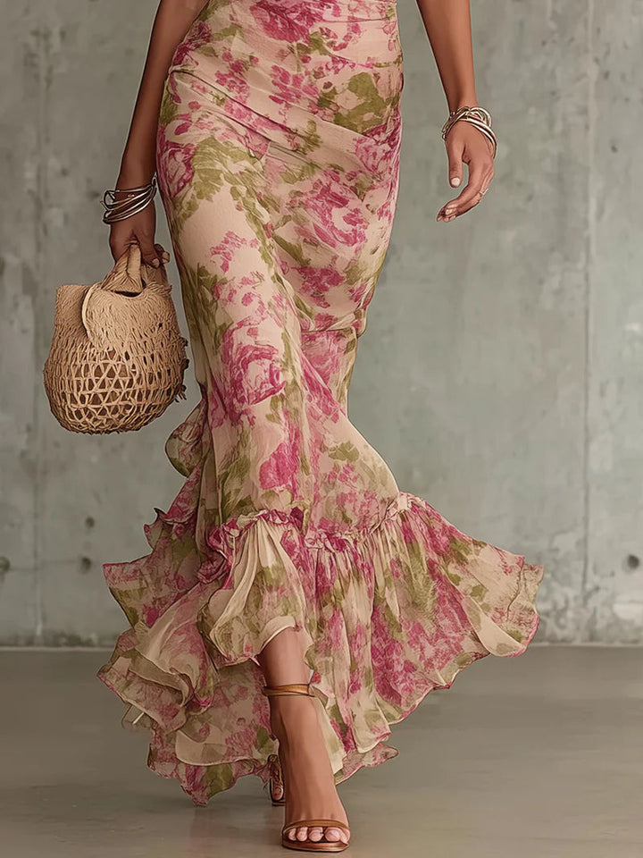 Flowy women's vintage rose print maxi dress with stylish puff sleeves. A beautiful summer floral dress.