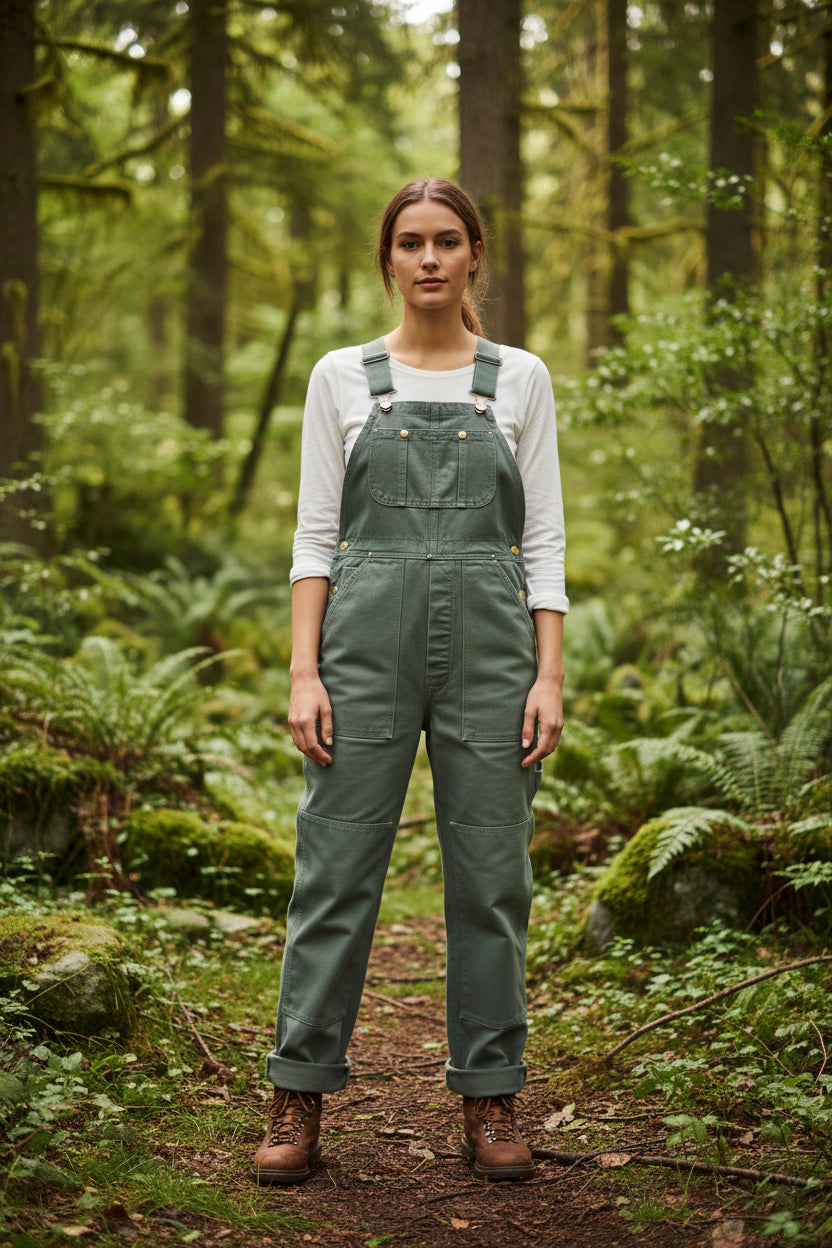 Women's vintage-style relaxed bib overalls with front pockets, perfect for casual everyday wear.