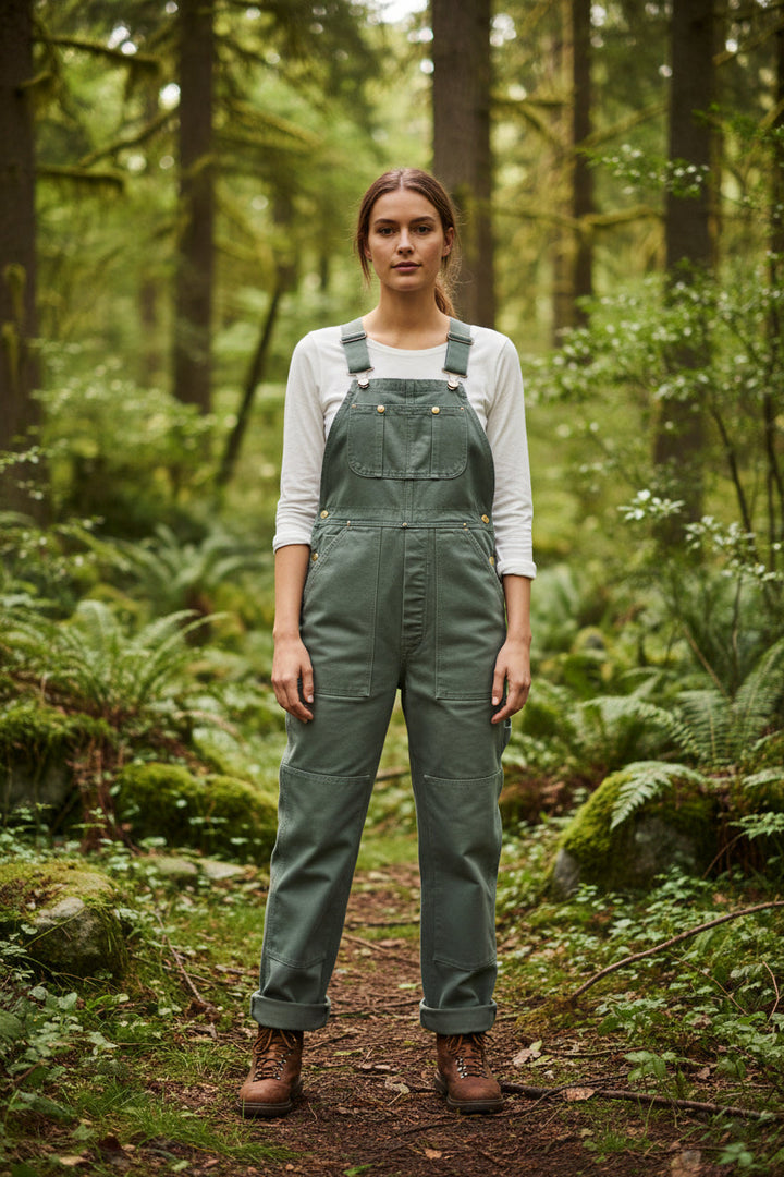 Women's vintage-style relaxed bib overalls with front pockets, perfect for casual everyday wear.