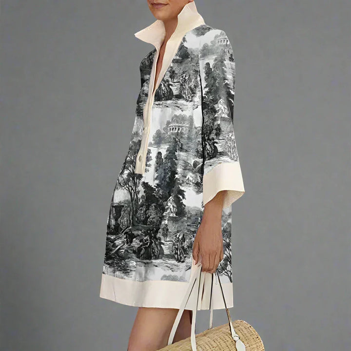 Women's vintage toile print mini tunic dress, relaxed fit, perfect for summer or vacation.
