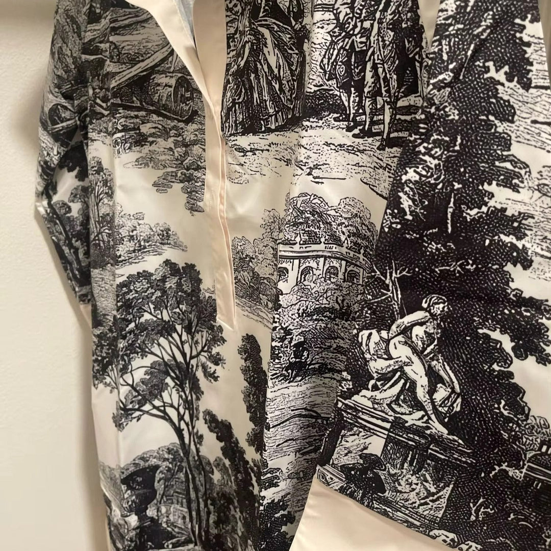 Relaxed fit women's tunic dress, featuring an elegant vintage toile print, great for vacation wear.