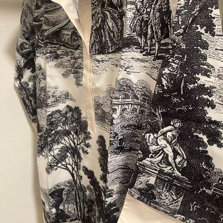 Relaxed fit women's tunic dress, featuring an elegant vintage toile print, great for vacation wear.