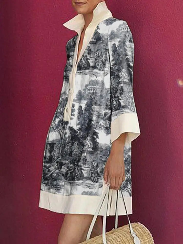Women's mini dress: a stylish vintage toile print tunic, perfect for a chic and casual summer look.