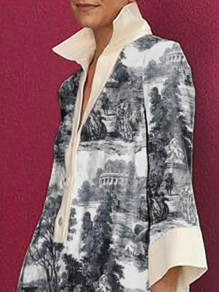 Beautiful women's toile print mini tunic dress with a vintage feel, a versatile summer casual outfit.