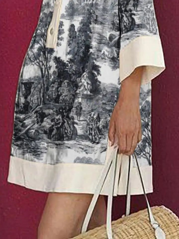 Elegant women's vintage toile print mini tunic dress, a comfortable and chic option for summer and travel.