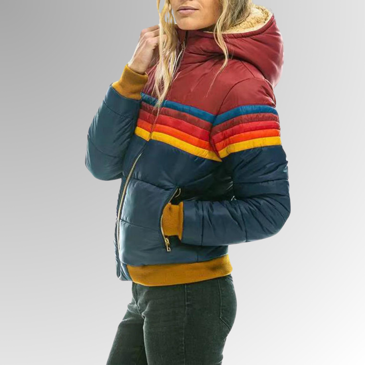 Retro fashion women's zip-up jacket with vintage stripes, a comfortable and stylish piece for autumn.