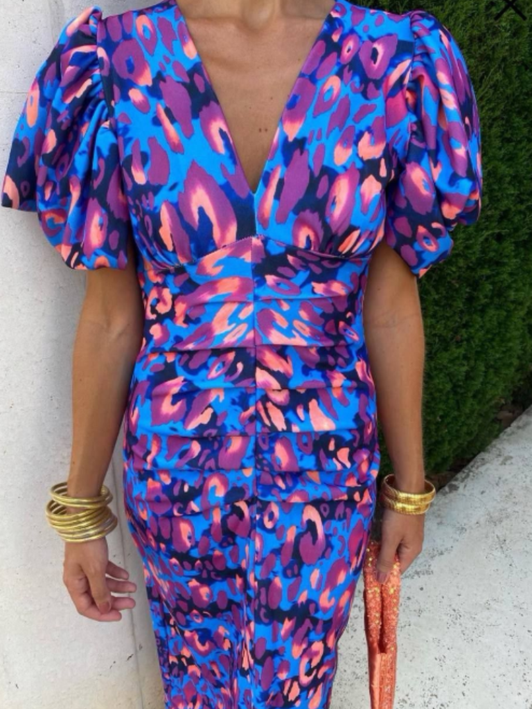 Colorful abstract print ruched midi dress for women, an elegant statement piece for parties and evening events.