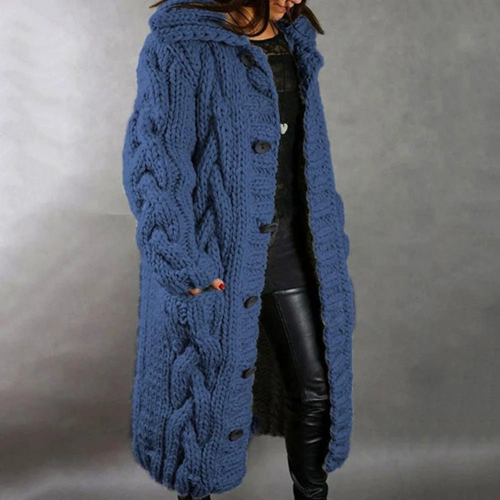 Women's warm cable knit maxi cardigan in a cozy style, perfect for fall & winter layering. Elegant hooded long sleeve.