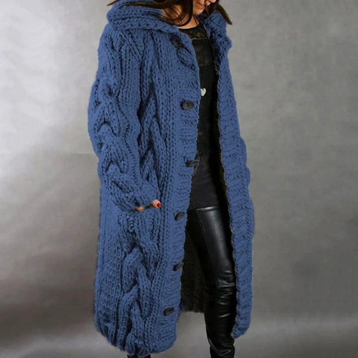Women's warm cable knit maxi cardigan in a cozy style, perfect for fall & winter layering. Elegant hooded long sleeve.