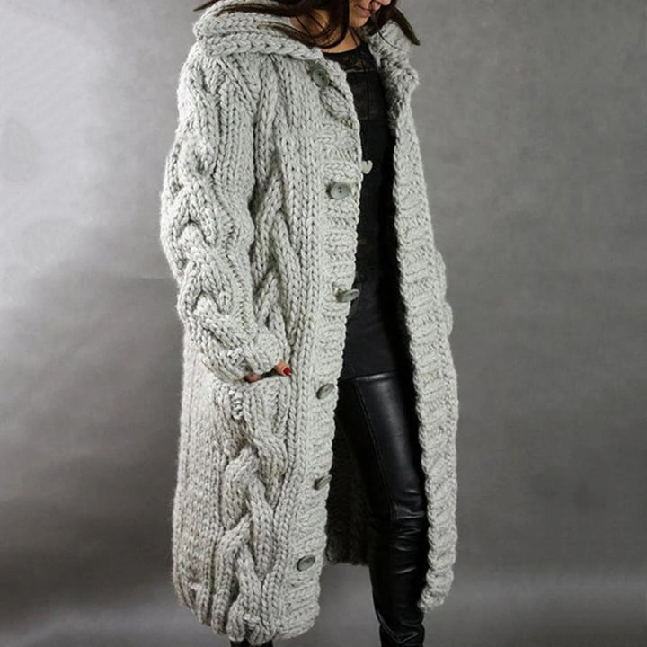 Blue women's cable knit maxi cardigan, a warm long sleeve hooded coat for elegant fall & winter fashion outerwear.