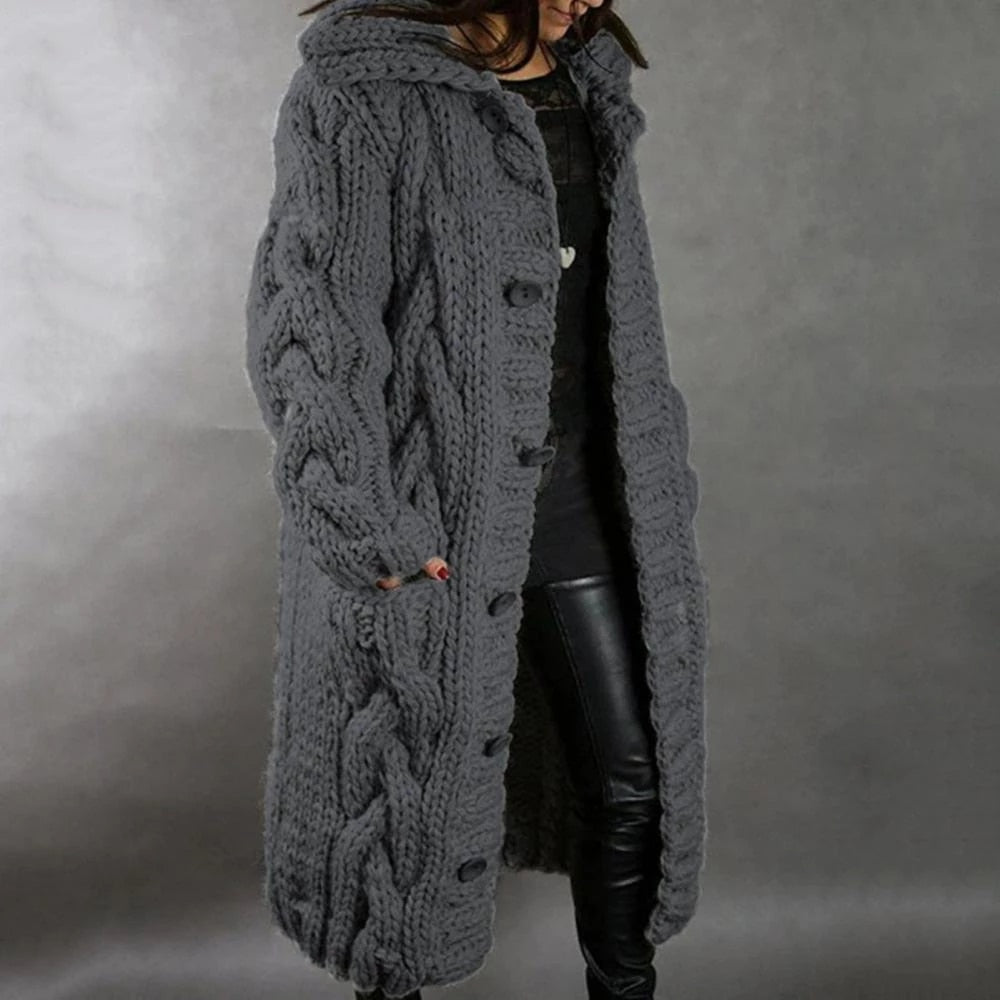 Gray women's cozy cable knit maxi cardigan, a warm long sleeve hooded sweater for fall & winter layered looks.