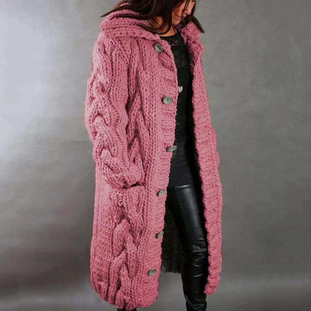 Pink women's bestseller warm cable knit maxi cardigan, an elegant long sleeve hooded coat for winter fashion.