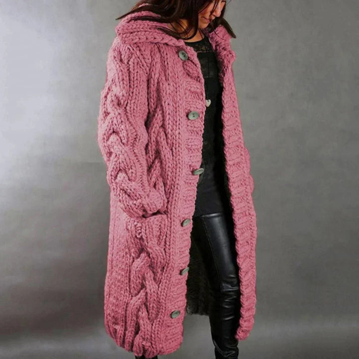 Pink women's bestseller warm cable knit maxi cardigan, an elegant long sleeve hooded coat for winter fashion.