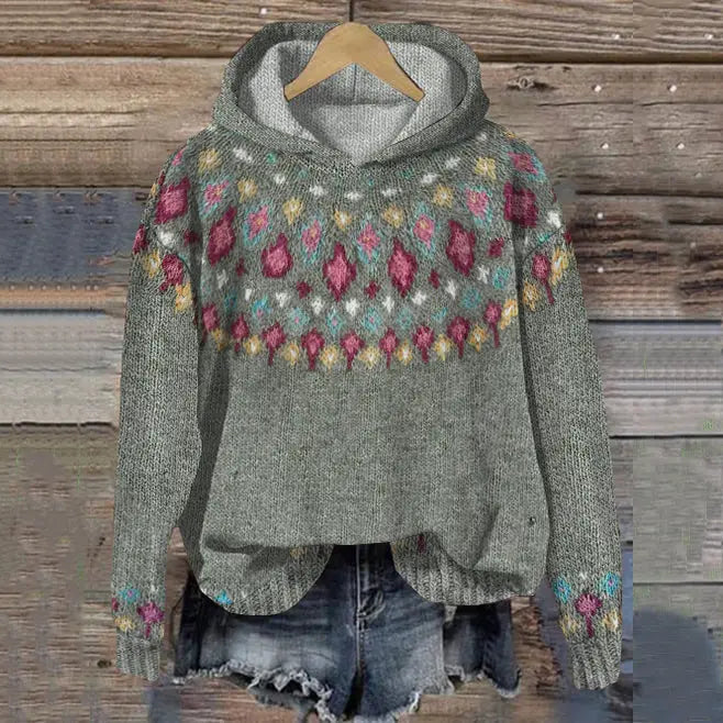 Women's warm Nordic knit hoodie, a cozy pullover sweater perfect for casual comfort and winter loungewear.