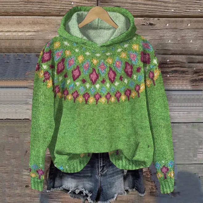 Stylish women's warm Scandinavian knit hoodie, a cozy pullover sweater for comfortable winter fashion.