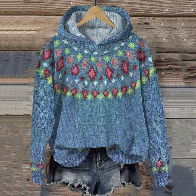 Cozy women's warm knit hoodie with a Nordic pattern, a comfortable pullover sweater for casual winter wear.