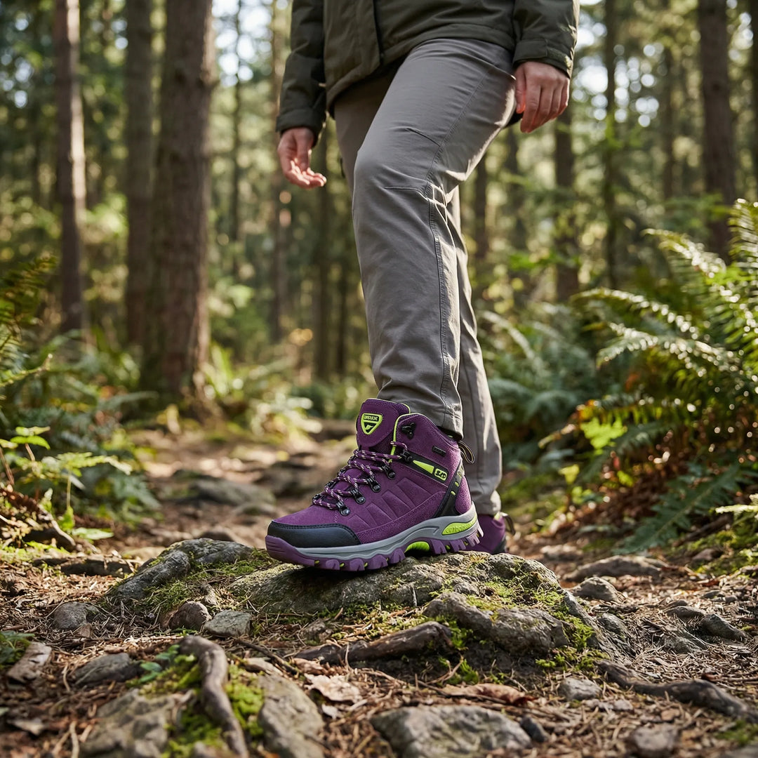 Women's water-repellent outdoor hiking shoes, Sharon model, for comfortable all-terrain trekking.
