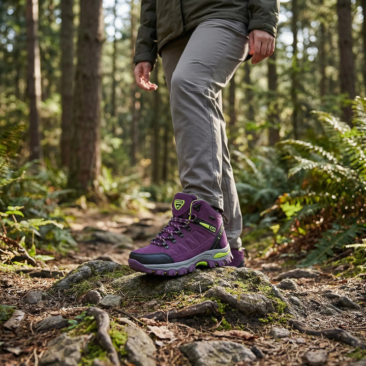 Women's water-repellent outdoor hiking shoes, Sharon model, for comfortable all-terrain trekking.