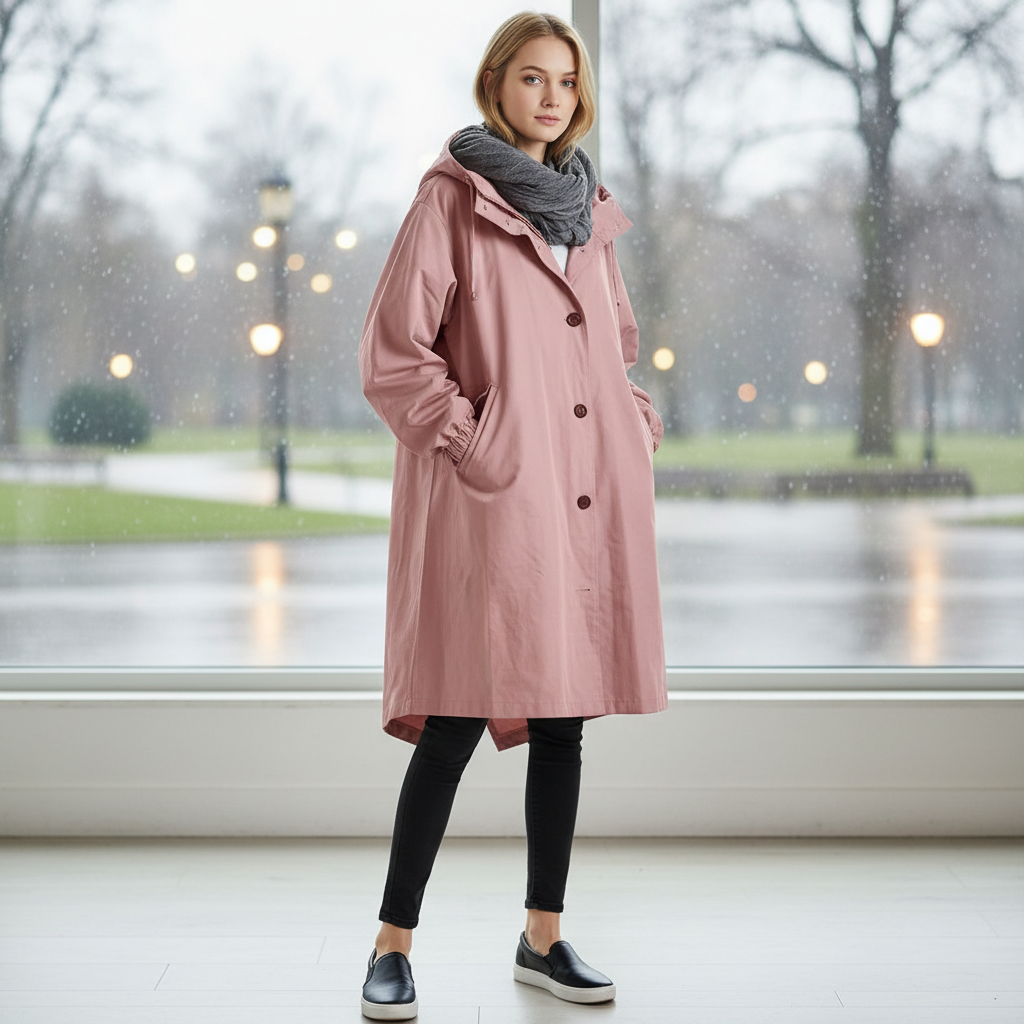 Women's water-resistant longline rain jacket with hood, ideal for outdoor casual wear.