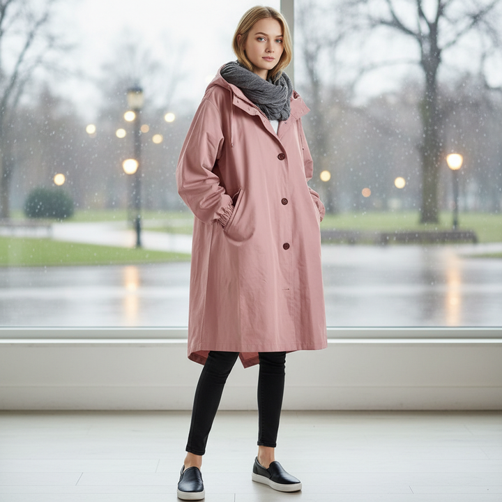 Women's water-resistant longline rain jacket with hood, ideal for outdoor casual wear.