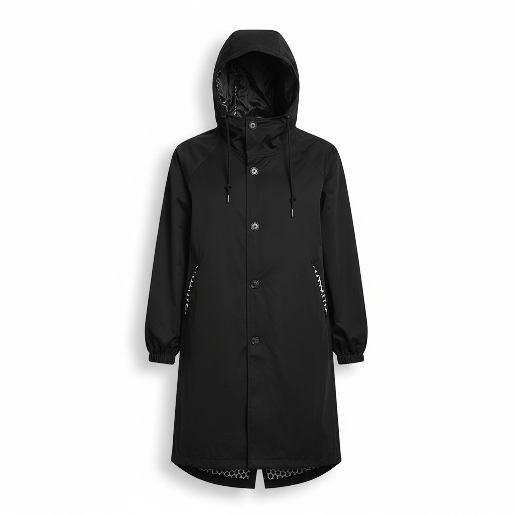 Versatile women's hooded rain jacket, water-resistant longline design for casual & outdoor use.