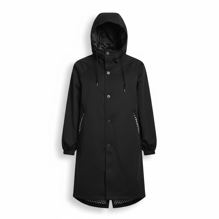 Versatile women's hooded rain jacket, water-resistant longline design for casual & outdoor use.