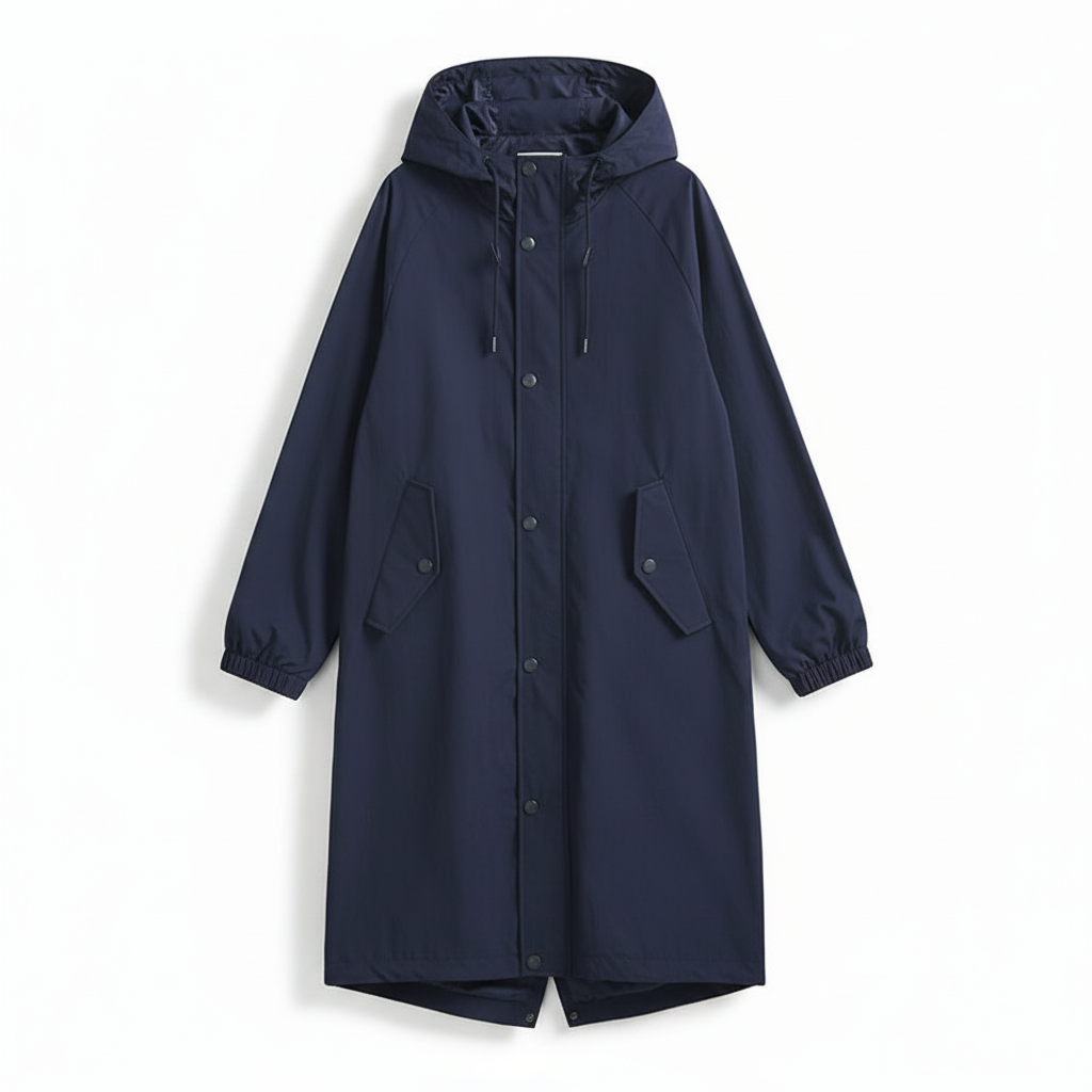 Comfortable longline women's rain jacket with hood, lightweight & water-resistant for daily wear.