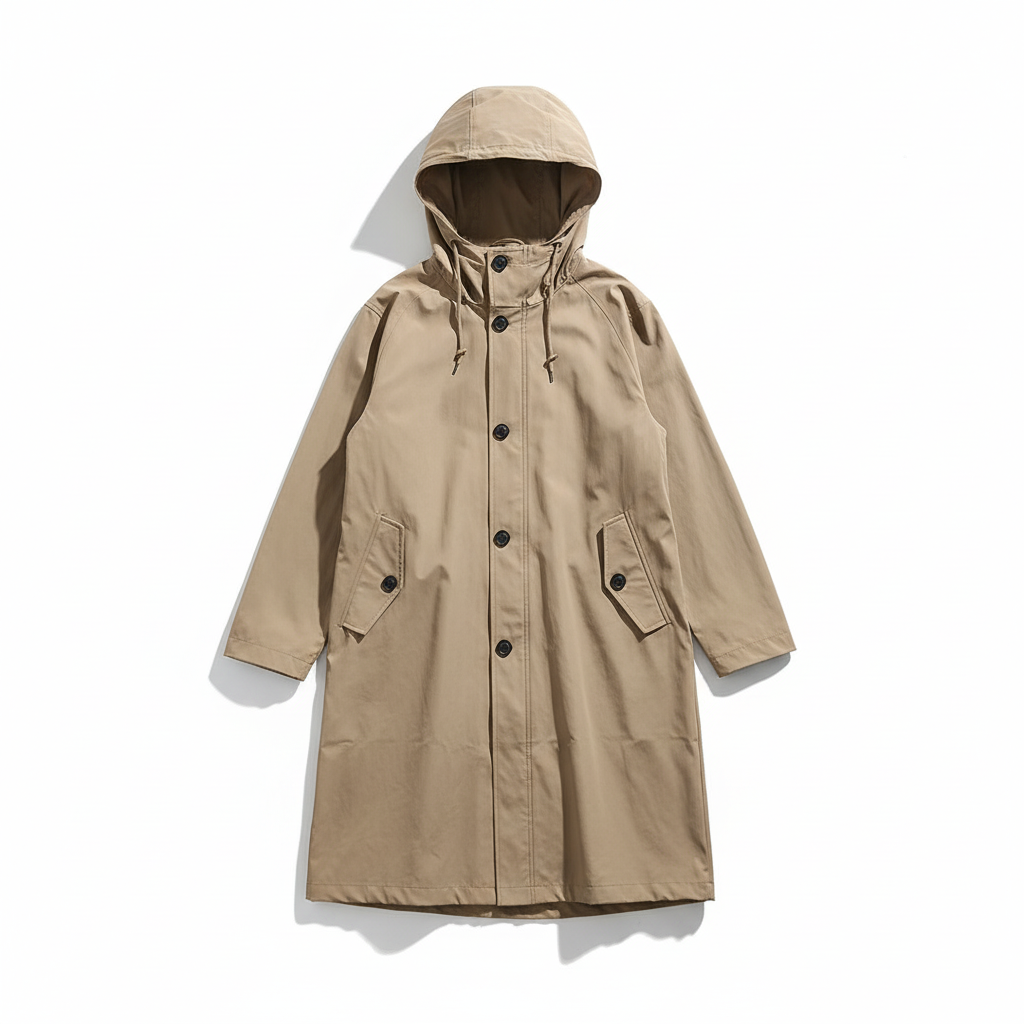 Women's longline hooded rain jacket with water-resistant fabric, great for outdoor casual outfits.
